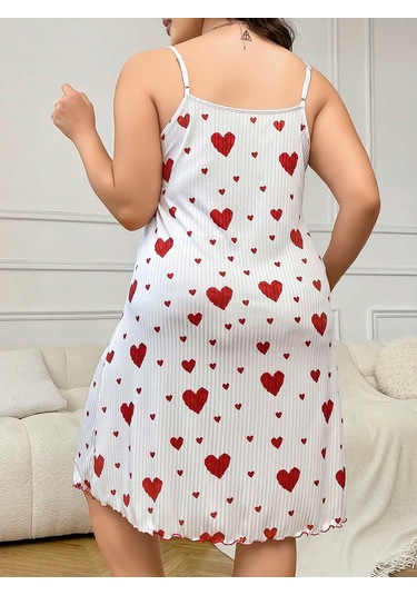 Arias Closet Büyük Beden Kalp Desen Pamuklu İnce Askılı Uzun Gecelik Beyaz