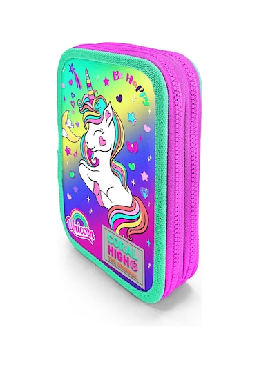 Coral High Kids Lavanta Su Yeşili Unicorn Desenli Çift Katlı Kalem Çanta 11129 Pembe - Su Yeşili
