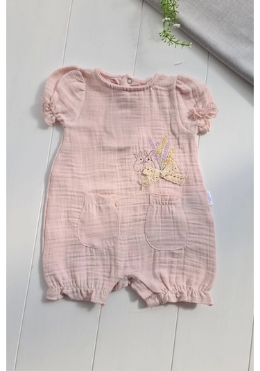 Müslin Kumaş Çiçek Nakışlı Pamuklu Kız Bebek Tulum Pembe