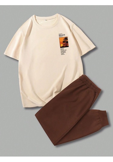 Beach T-shirt Eşofman Altı Jogger - Bej Kahverengi Baskılı Eşofman Takımı Oversize Bisiklet Yaka Bej Kahverengi