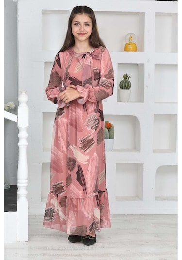 Genç Kız Pamuk Astarlı Şifon Kumaş Uzun Tam Boy Tesettür Elbise Pudra