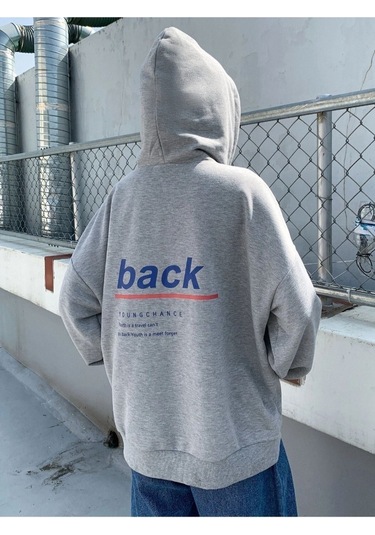 Back Sweatshirt - Gri Baskılı Oversize Kapüşonlu Gri