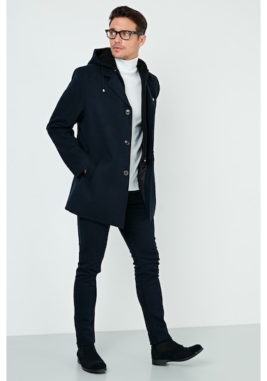 Buratti Çıkarılabilir Kapüşonlu Kırçıllı Slim Fit Kaşe Erkek Kaban 5841013 Lacivert