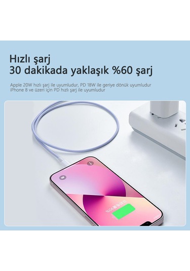 20w Type-c - Lightning Hızlı Şarj Kablosu Kalın Dokuma İphone 13/12/11/x Uyumlu Akıllı Çipli 1m Mor 1m Type-c - Apple
