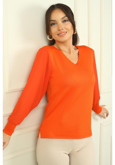 By Saygı Kadın Merdiven V Yaka Kolları Şifon Kazak-39635 Mercan