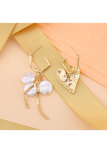 Moveevo Asimetrik Gümüş Kalp Modeli Barok Inci Tassel Küpe, Günlük Ve Bayram Giyimleri İçin Şık Dekoratif Aksesuar Gold