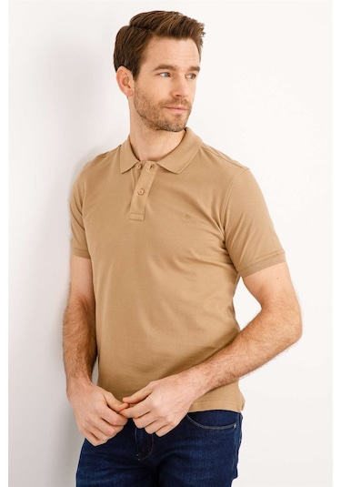 Erkek Vizon Modernfit / Dar Kalıp Polo Yaka Tişört-3965 Vizon