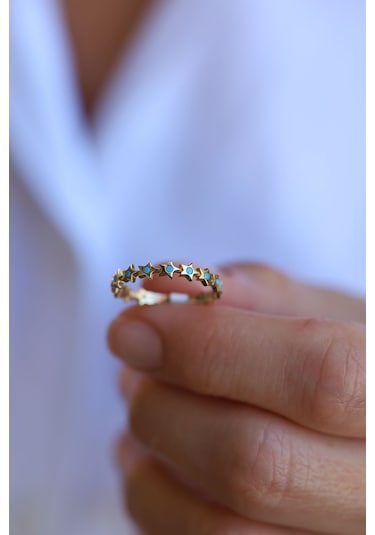 Yenigün Kuyumculuk 14 Ayar Altın Firuze Taş Detaylı Yıldız Dizisi Yüzük Yzk26055