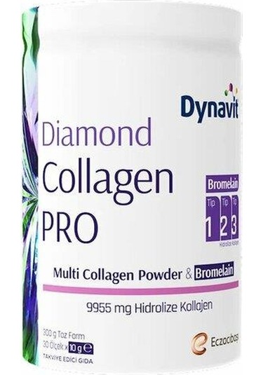 Dynavit Diamond Collagen Pro Multi Collagen Powder Bromelain Hidrolize Peptit Tip 1-2-3 Kolajen Brom 300 Gr