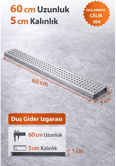 60 Cm Lineer Duş Gider Izgarası 304 Paslanmaz Çelik 5 Cm Genişlik Üst Kapak