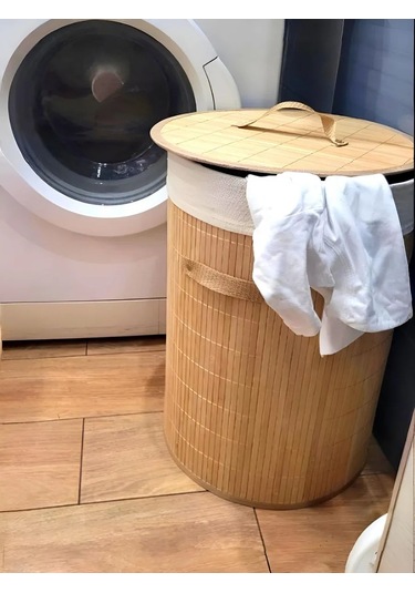 Ryzij Kot Kapaklı Yuvarlak Çamaşır Sepeti 401983567 Bej