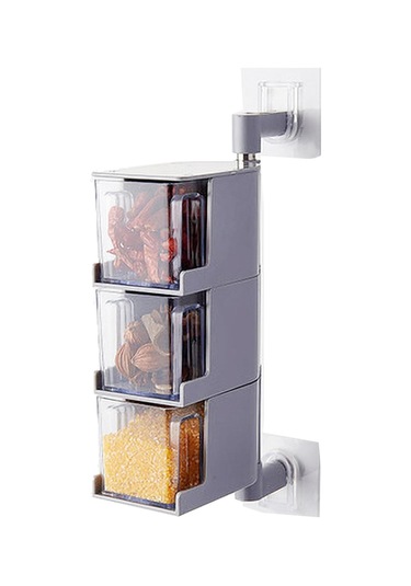 Kosona Duvar Üstü 3 Bölmeli Baharat Kutusu Seti - Deliksiz Yapıştırıcı Montaj - Gri Renk - 3 Kaşık Dahil Diğer