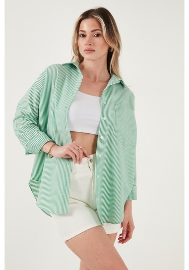 Lela Regular Fit Uzun Kollu Cepli Çizgili Bayan Gömlek 6772895 Benetton