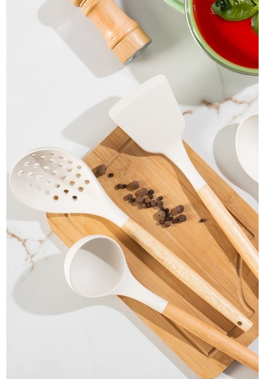 Porsima 3166 Bambu Silikon 4 Parça Servis Takımı Seti Beyaz Beyaz