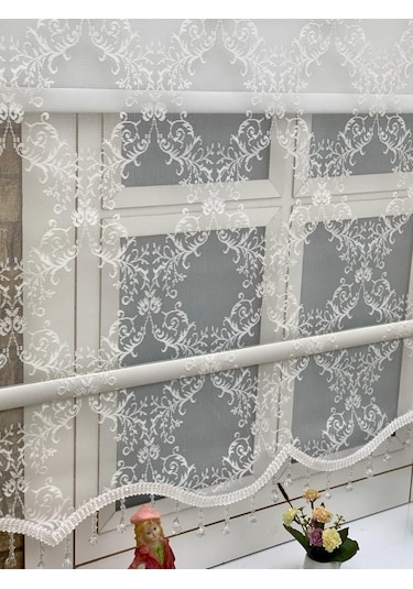 Ekru Renk Damaks Osmanlı Desen Çift Mekanızmalı Tül Stor Perde