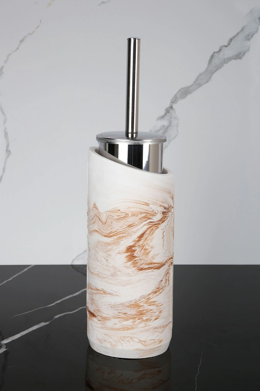 4 Parça Mermer Desenli Beton Banyo Wc Seti Tuvalet Fırçası Çöp Kovası 4 Litre Mermer Deseni