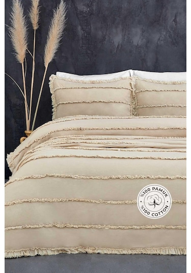 Evlen Home Pamuklu Echos Yatak Örtüsü Takımı Günlük Çift Taraflı Kişilik 3 Parça Dolgulu El İşi Bej