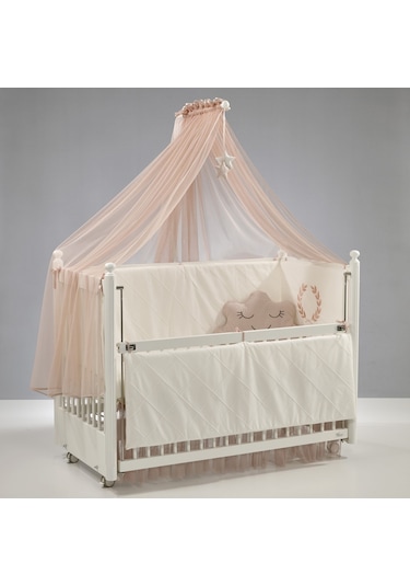 Meltem Kids Mondo Sallanır Ahşap Anne Yanı Beşik 60x120 cm (beyaz-motto pudra) Pudra