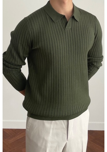 Cool Tarz Erkek Polo Yaka Triko Kazak Slim Fit Fitilli Haki