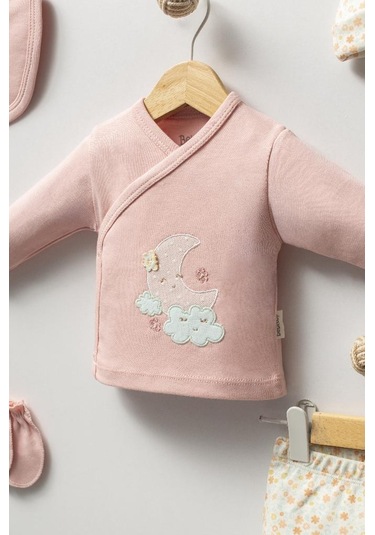 Bebitof %100 Pamuk Sevimli Ay Ve Bulutlar Desenli Bebek 5 Parça Yenidoğan Hastane Çıkışı Zıbın Seti Bbtf.pmb.2023 Pembe