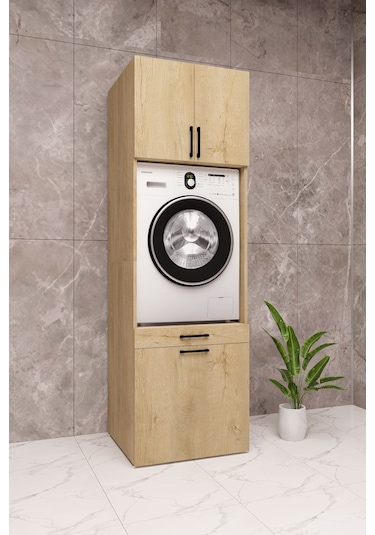 Mdf Çamaşır Makinesi Dolabı Sepetli Ahşap Lefkas Meşe