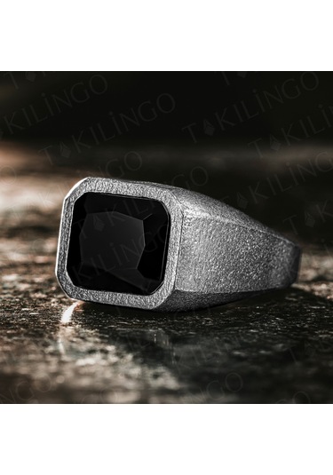 925 Ayar Gümüş Oksitli Siyah Zirkon Taşlı Sade Erkek Yüzük Gümüş