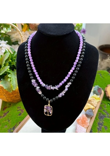 Willowhaven 2 Adet Doğal Ametist Kolye Hayat Ağacı Çift Katman Mor Siyah Günlük Takı