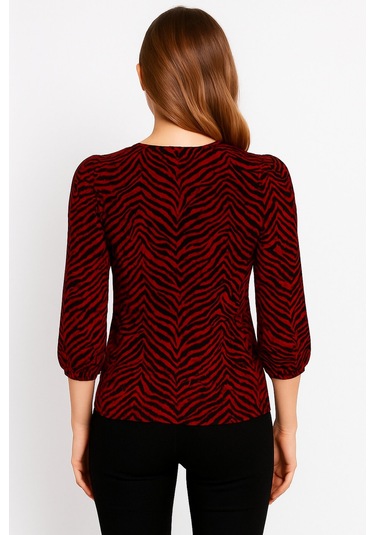 Kadın Bisiklet Yaka Esnek Desenli Spor Şık Truvakar Kol Bluz Bordo