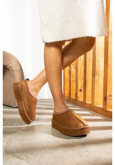 Günlük Kadın Bot Desenli Yüksek Kalıntaban İçi Kürklü Süet Kısa Bootie Hafif U50 Taba