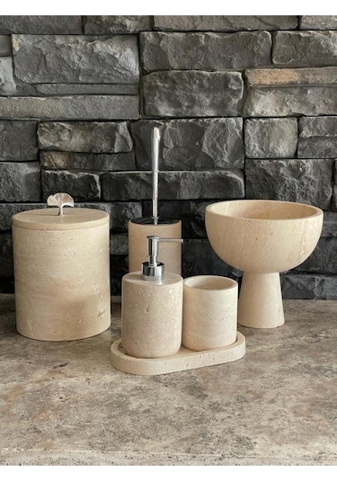 Yeni Model Traverten 6'lıbanyo Seti Ayaklı Kase Havluluklu Takım Beyaz