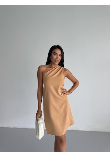 Trendhazan A Kalite Tek Omuz Double Kumaş Mini Elbise Vizon
