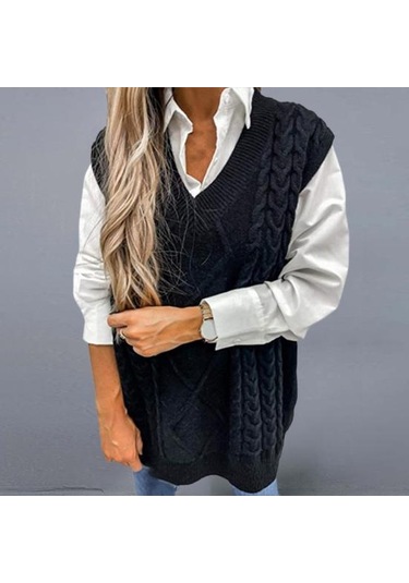 Saf Renk Kolsuz Kazak Yelek Sıcak Trendy Büküm Örme Kadın Yelek Günlük Giyim İçin Mavi