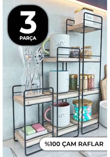 Bino Bino Duvar Rafı 3 Lü Mini Set Doğal Ahşap Yatak Odası Dekoratif S