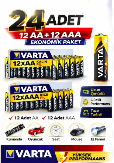 Aa + Aaa Pil 24'lı Set 12 Aa + 12 Aaa 1.5v Ekonomik Toplu Paket Çinko Karbon