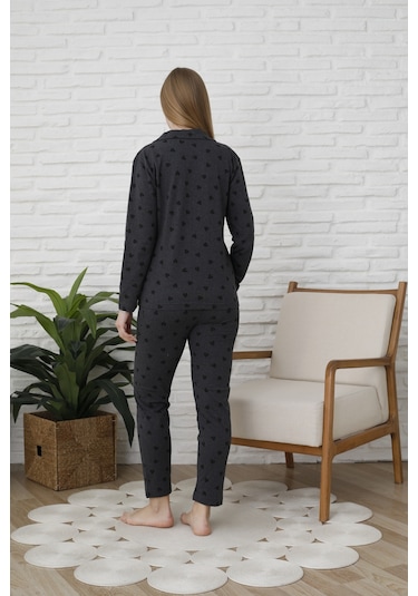Fames Pijama Uzunkol Düğmeli Penye Pijama Takimi Kalpli Siyah