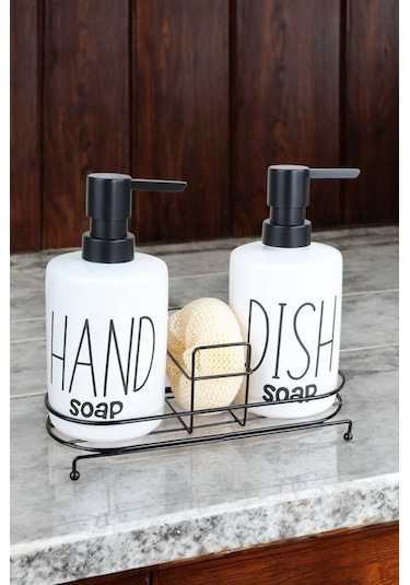 Morponi 2'li Metal Standlı Süngerli Sabunluk Seti - Mutfak Sıvı Sabun Bulaşık Deterjanı Şişesi 400ml - Beyaz Beyaz