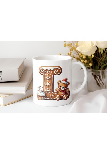 L Kurabiye Harf Ve Ayıcık Detaylı Kupa Bardak - Yeni Yıl / Yılbaşı Temalı Tasarım - Noel Hediye Beyaz