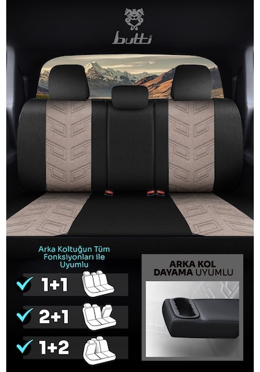 Bej - Siyah Butti Bello Serisi Keten Kumaş Premium Oto Koltuk Kılıfı Ortopedik Destekli, Ön Arka Tam Set