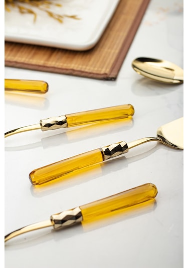 5 Parça Gold Servis Seti & Servis Sunum Seti Amber Kepçe / Kevgir / Sıpatula / Çatal / Kaşık