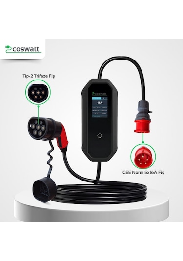 Coswatt Elektrikli Araç Taşınabilir Şarj Istasyonu 11 Kw - 16A / Tip-2 / 5X16A Fiş / Trifaze / 5m / Çantalı / Ev Tipi Dönüştürücü Kablolu