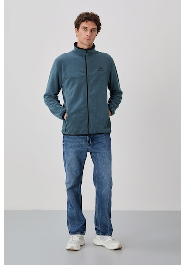 Tommy Life Petrol Yazı Nakışlı Dik Yaka Fermuarlı Standart Kalıp Erkek Sweatshirt Polar - 87992 PETROL