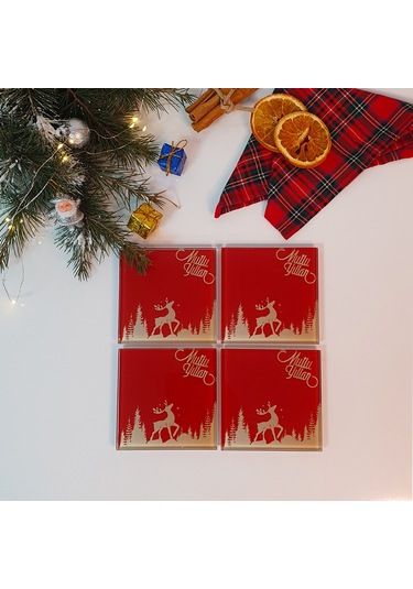 Decorita Cam Bardak Altlığı Mutlu Yıllar Kırmızı Silüet 4'lü Takım Kırmızı