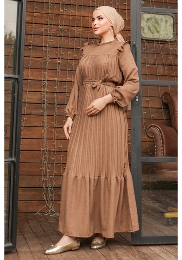 Fırfırlı Pilise Elbise 777 - Vizon