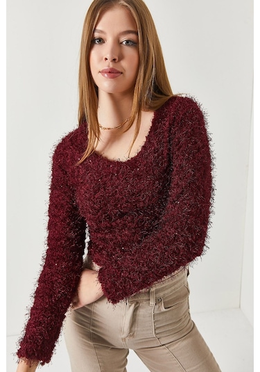 Armonika Kadın Mürdüm Pullu Sakallı Crop Kazak Arm-22y001179