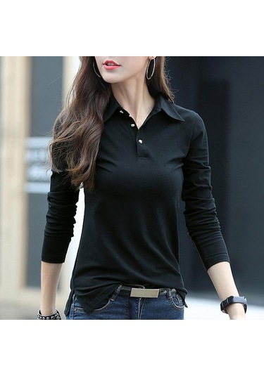 Düğme T Gömlek Kadın Sonbahar Üstleri Dönüş Yaka Ince Pamuklu Tişört Kadın Uzun Kollu Kadın Giysileri Tee Gömlek Femme Siyah