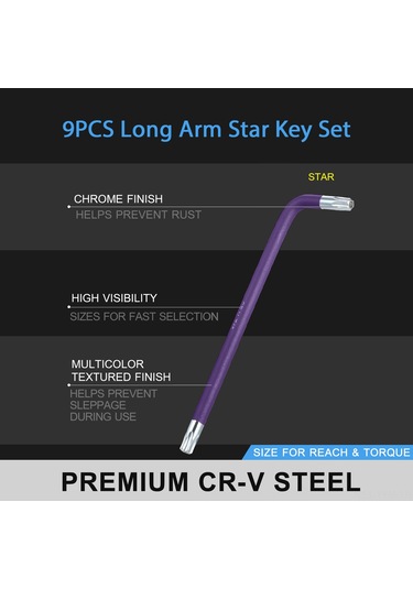 9 Parça Çok Renkli L Anahtar Seti Torx Anahtar Yıldız Anahtar Seti Uzun Kol Endüstriyel Kalite Krom Vanadyum Çeliği Torx Anahtar Allen Anahtarı