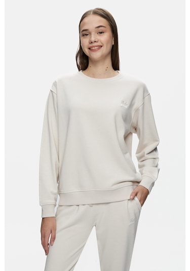 Ucla Sunnıva Bej Bisiklet Yaka Nakışlı Loose Fit Kadın Sweatshirt Bej