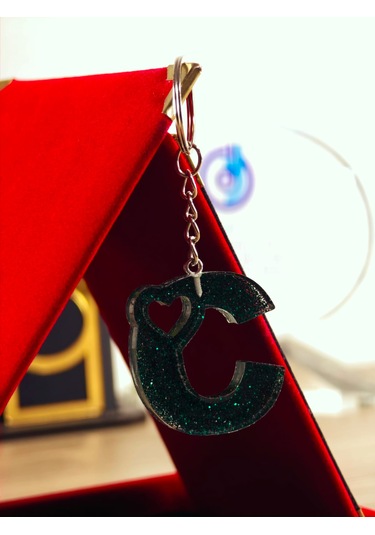 Harfli Anahtarlık Epoksi Kişiye Özel Yapım El Yapımı Harf Anahtarlık Kalp Model Özel Tasarım Hediyelik Ürün Kalp Desenli Simli Anahtarlık Açık Mavi