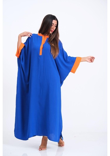 Kadın Saks Mavi Sırtı Palmiye Nakışlı Yarasa Kol Oversize Uzun Elbise - Saks Mavi Saks Mavisi