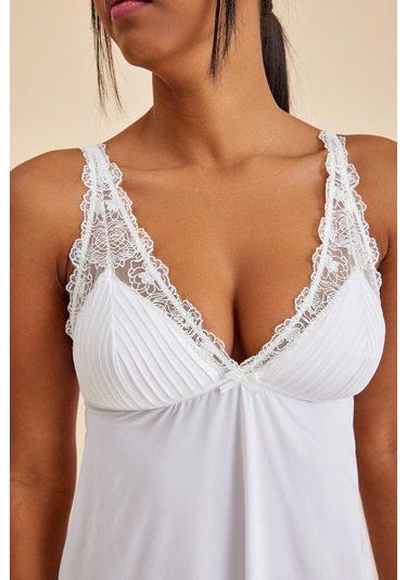 Paris Ekru Dantelli Kumaş Gecelik Ekru